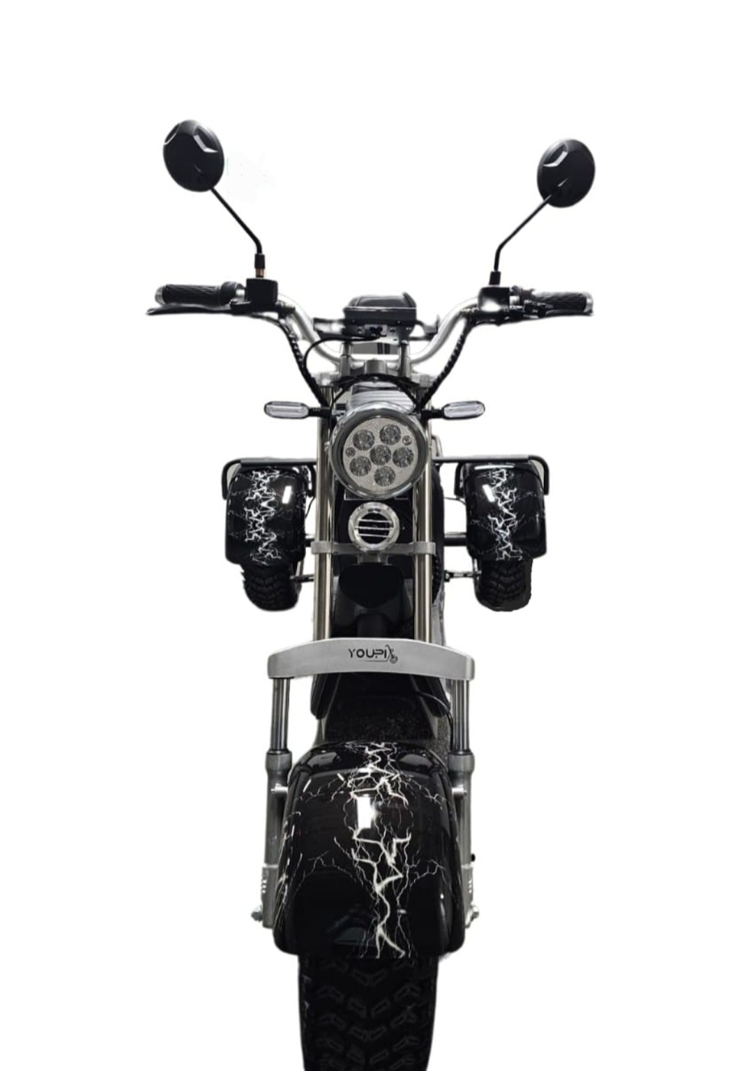 a 3-wheel e-bike or electric trike black star - front view