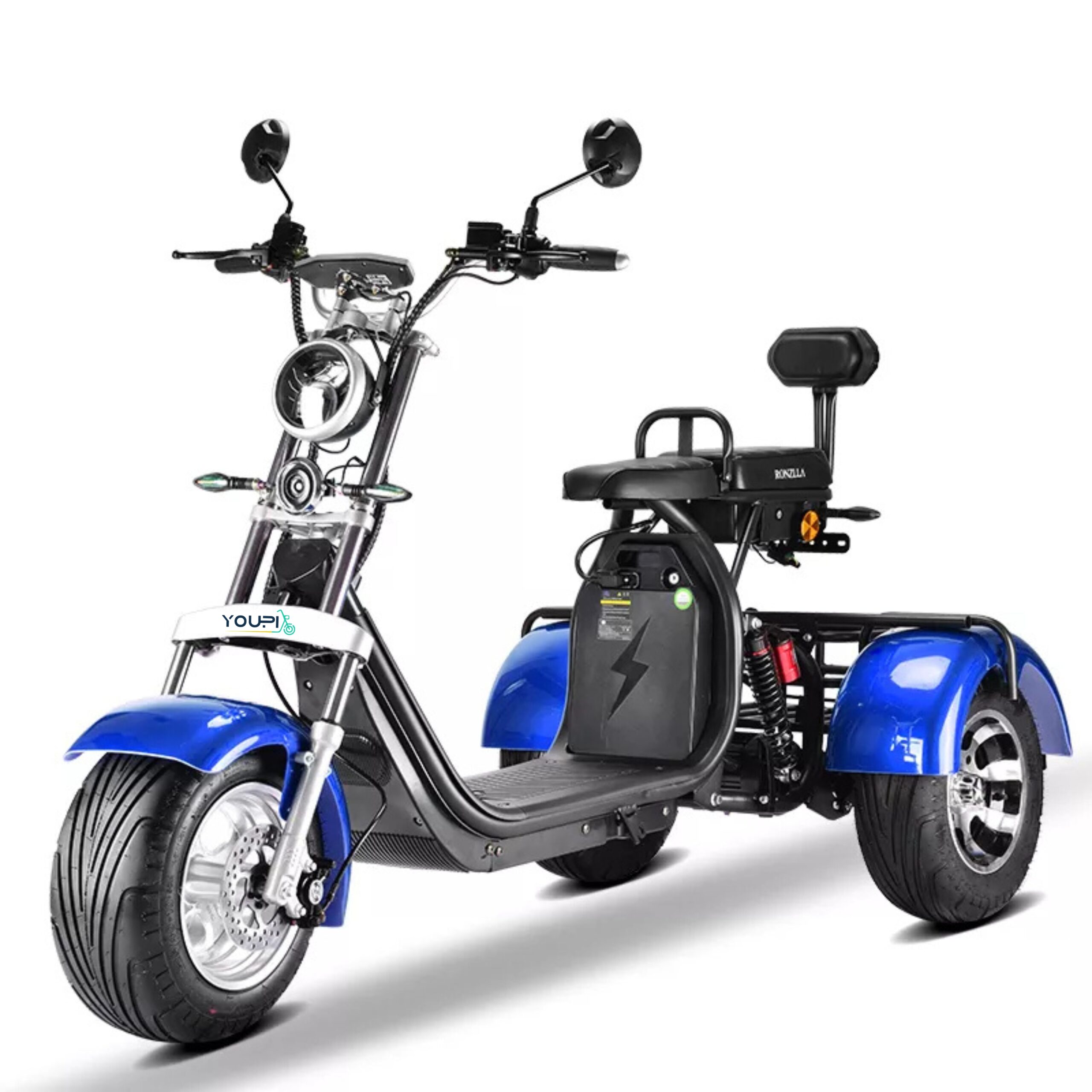 a 3-wheel e-bike or electric trike blue - front view